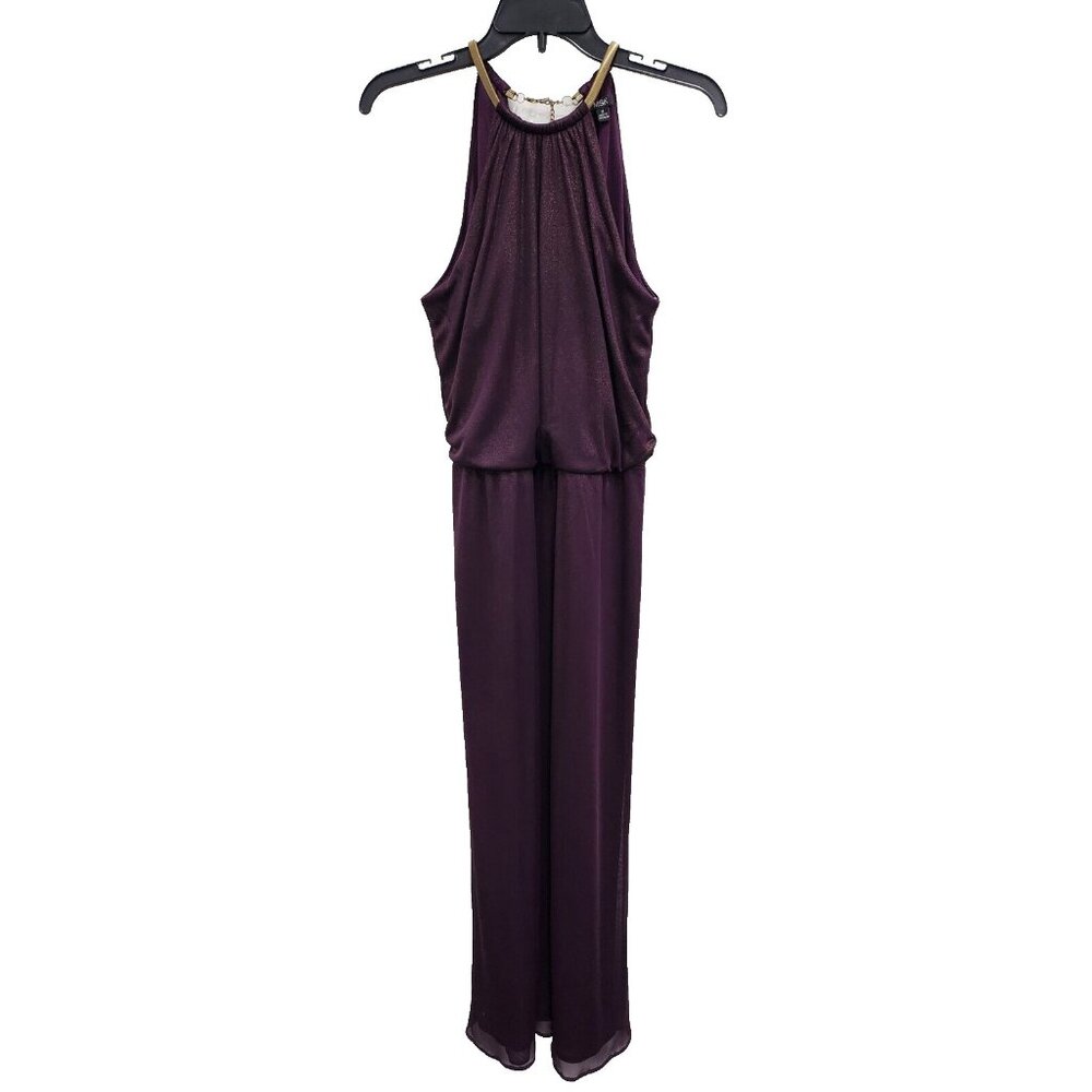 MSK Maxi Dress Medium Purple Shimmery Gold Chain Halter Evening Party Holiday